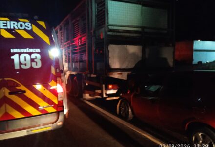 Local de acidente na BR-282 em Catanduvas com veículos e viaturas de resgate