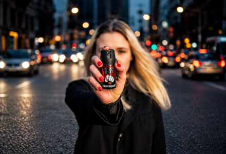 Frasco de spray de pimenta e elementos visuais sobre defesa pessoal feminina