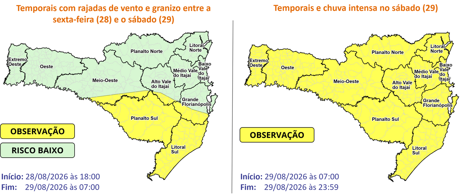 Mapa de Santa Catarina destacando áreas sob alerta de temporais e chuvas intensas