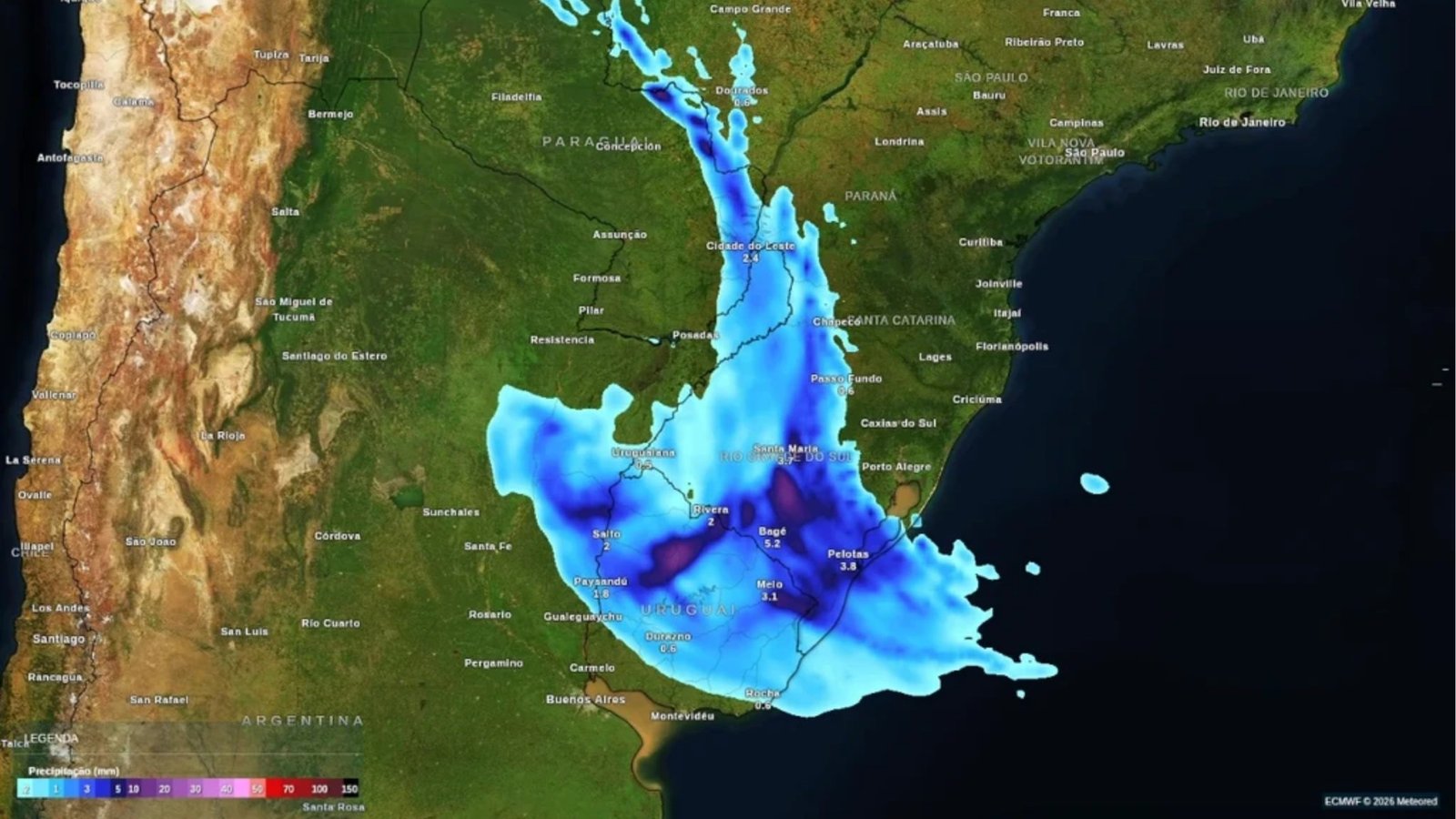 Mapa mostra a previsão de chuva associada ao ciclone extratropical no Sul do Brasil.