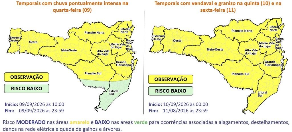 Mapa meteorológico mostrando áreas de instabilidade e previsão do tempo em Santa Catarina.