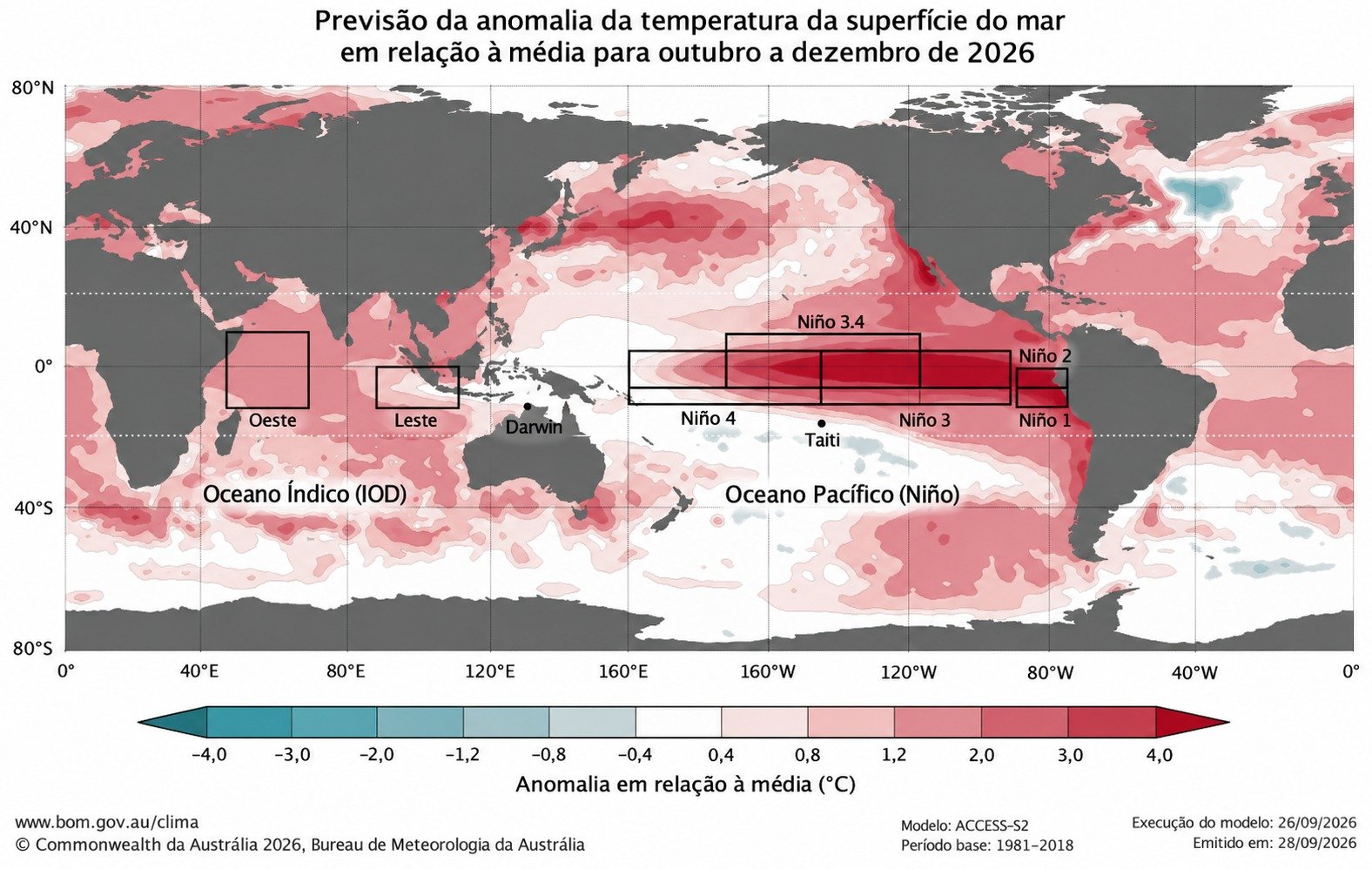 Mapa meteorológico mostrando as anomalias de temperatura da água no Oceano Pacífico
