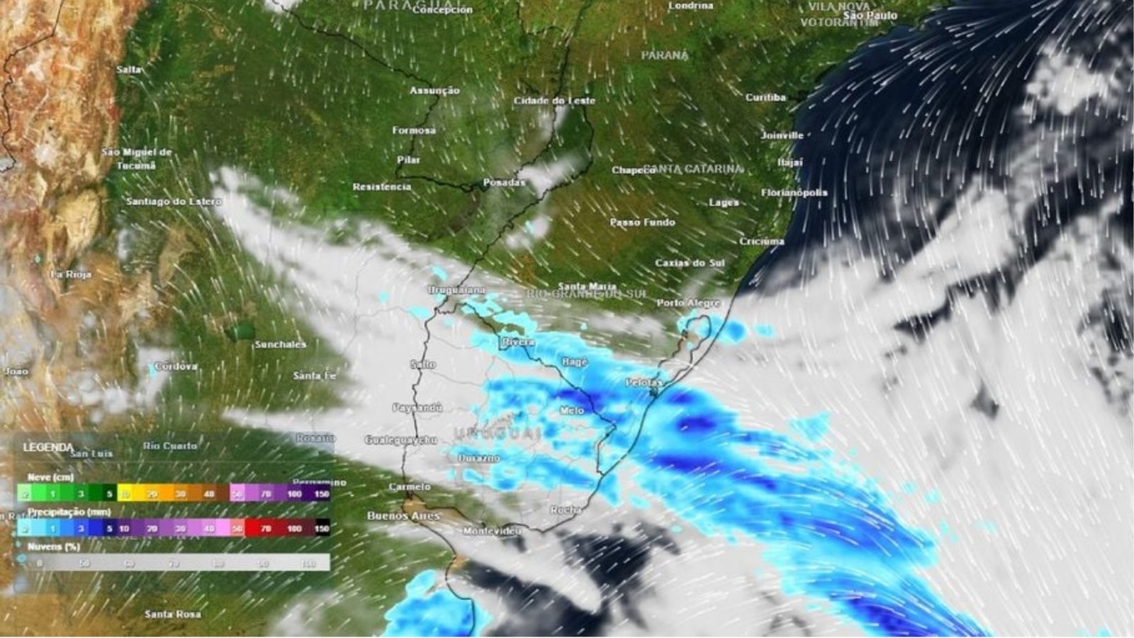 Mapa meteorológico mostra a atuação da frente fria e a previsão de chuva sobre o Sul do Brasil.