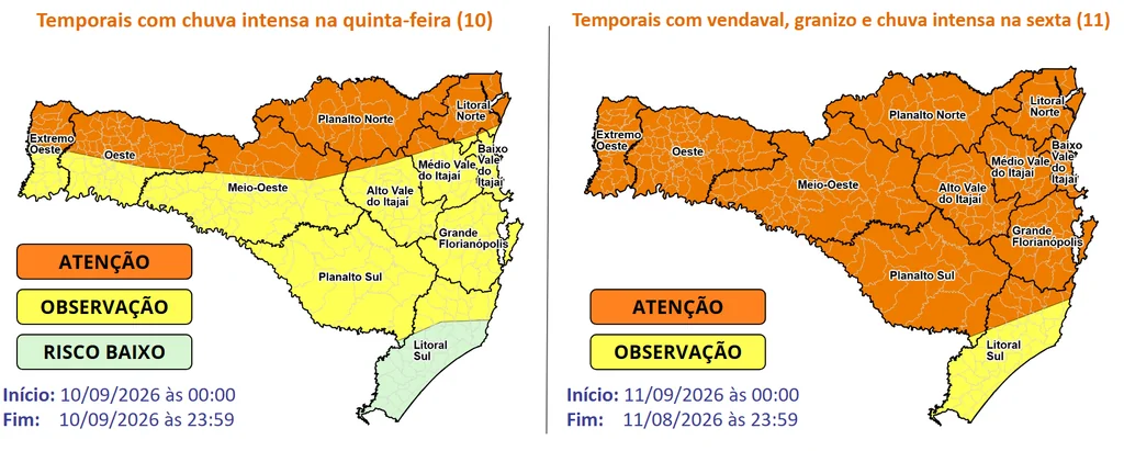Mapa meteorológico da Defesa Civil indicando áreas de risco em Santa Catarina
