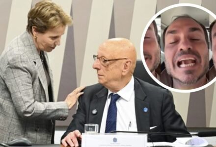 Tereza Cristina e Esperidião Amin lado a lado sorrindo em gravação de vídeo