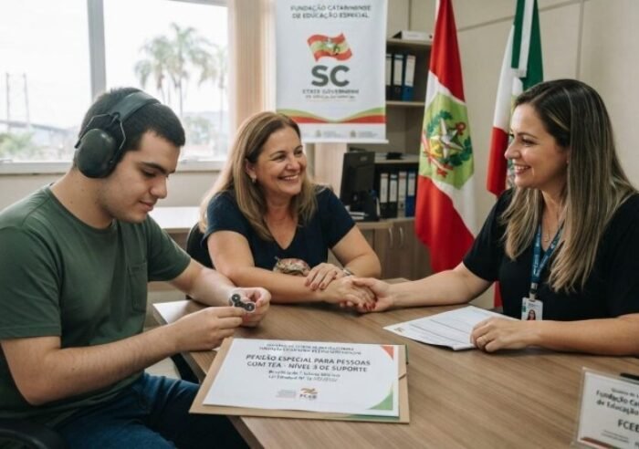 O processo de triagem e solicitação é gerenciado pela Fundação Catarinense de Educação Especial (FCEE). 