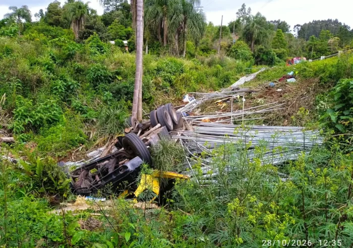 Caminhão carregado com barras metálicas capota e arranca cabine na BR-282