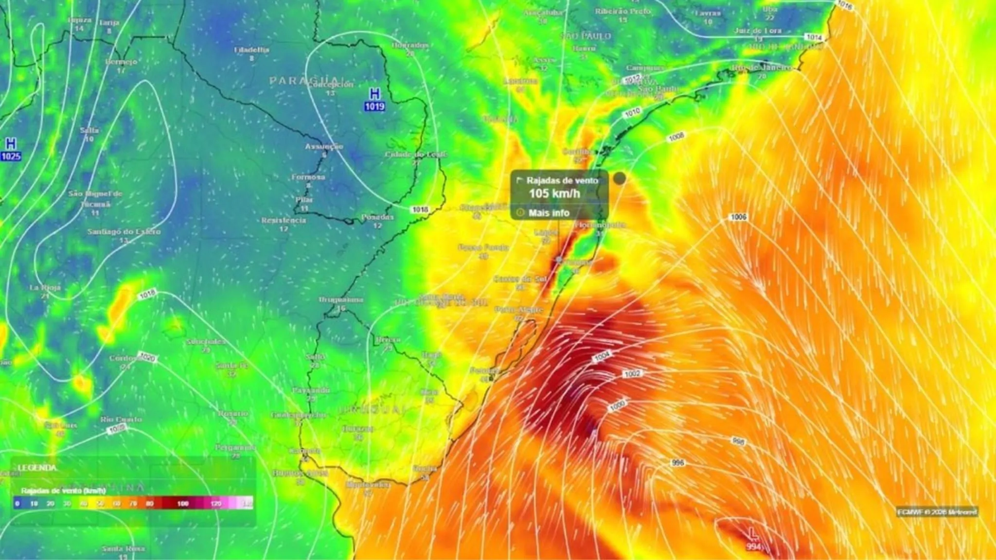 Projeção do Meteored aponta rajadas de até 105 km/h com a formação do ciclone extratropical.