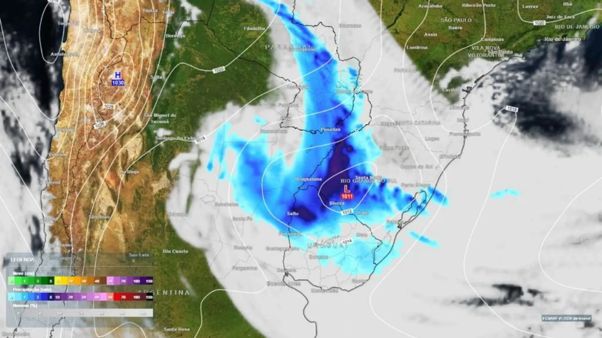 As primeiras áreas atingidas devem ser o Oeste, as Missões e a região Central do Rio Grande do Sul, antes do avanço da frente fria - Meteored/ND Mais