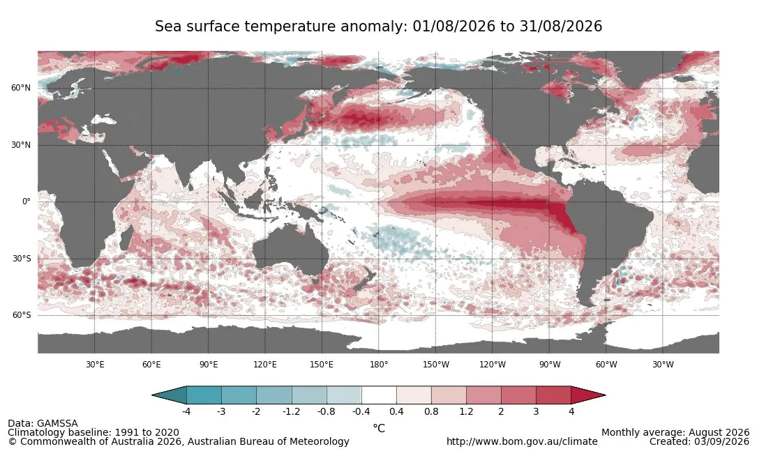 Mapa com projeções de chuvas e temperaturas para o Sul do Brasil.