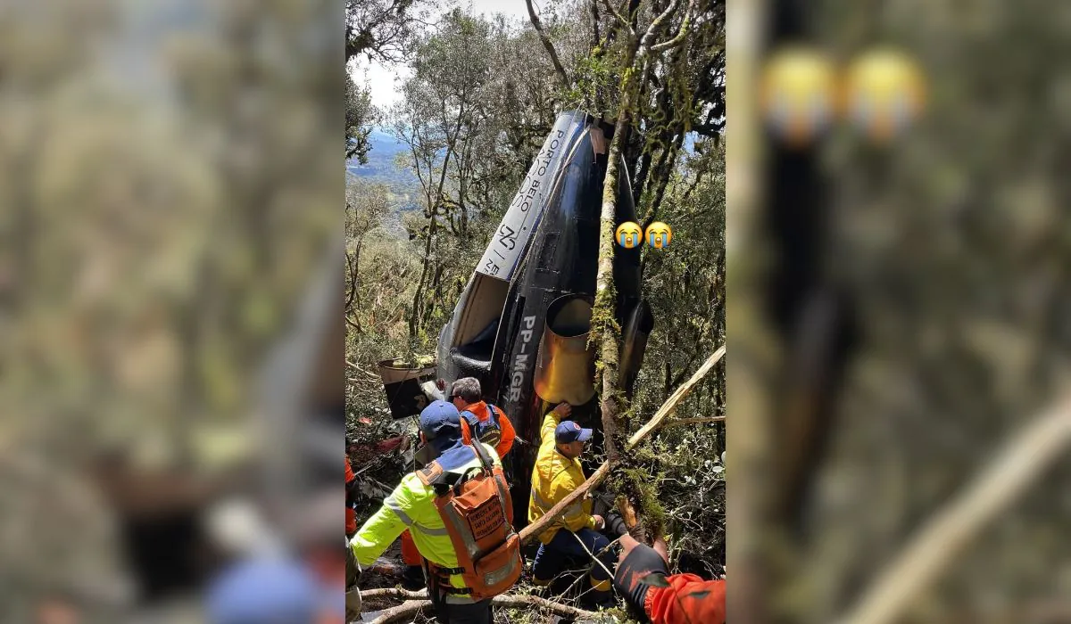 Destroços do helicóptero que caiu com o cantor Rick e outras quatro pessoas na Serra de Santa Catarina - Nader Khalil/NDTV RECORD/ND Mais